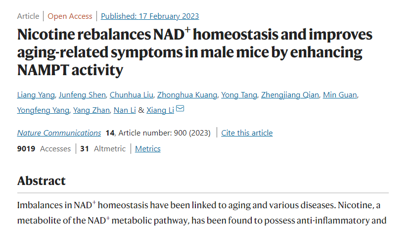 Nicotine rebalances NAD+ homeostasis and improves aging-related symptoms in male mice by enhancing NAMPT activity
