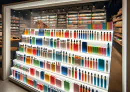 Colorful disposable vape devices on store shelf display
