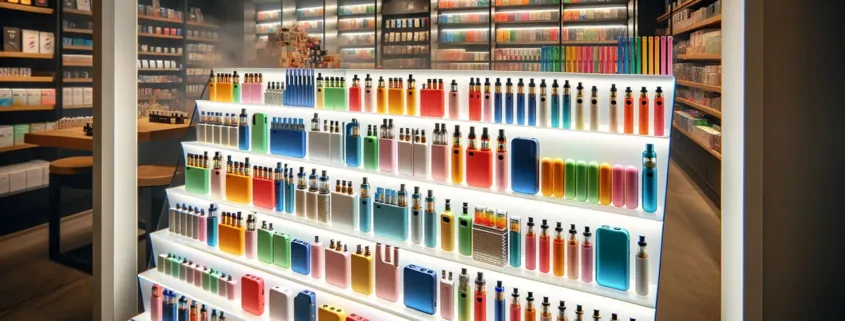 Colorful disposable vape devices on store shelf display