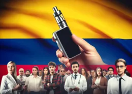 1715920804 DALL·E 2024 05 17 12.31.06 A collage featuring the Colombian flag a sleek vaping device and a diverse group of young people. The image symbolizes the Colombian governments ef