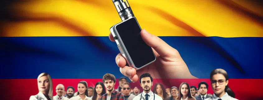 1715920804 DALL·E 2024 05 17 12.31.06 A collage featuring the Colombian flag a sleek vaping device and a diverse group of young people. The image symbolizes the Colombian governments ef