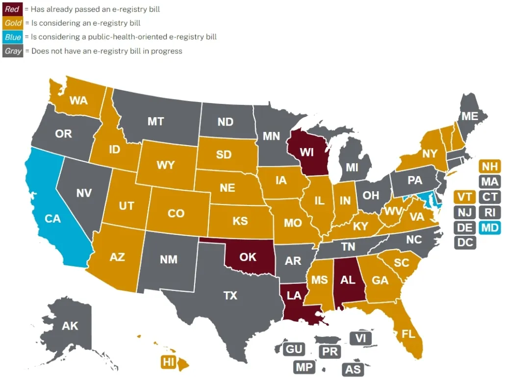 STATE E-CIGARETTE REGISTRY BILL MAP